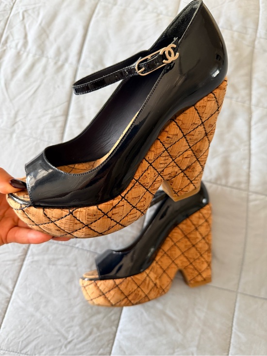 CHANEL Shoes - CHANEL Black Patent Mary Jane Platform Wedges with Cork Insole